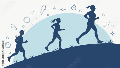Silhouettes of people running uphill with time and direction icons in a stylized vector graphic design