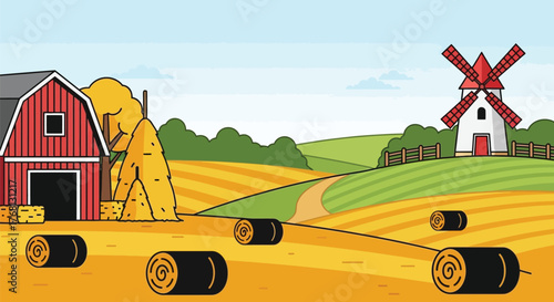 Cartoon farm landscape with barn windmill hay bales and fields art editable stock