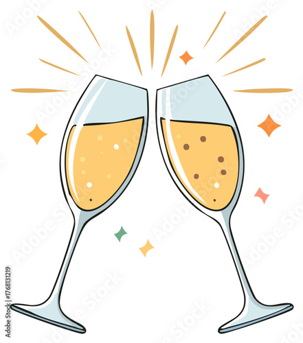 Two Champagne Glasses Clinking Together with Bubbles and Sparkles