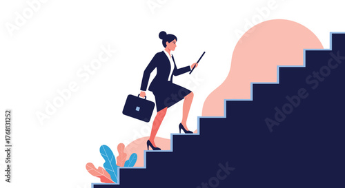 Businesswoman climbing stairs with a briefcase and a stick, symbolizing career advancement.