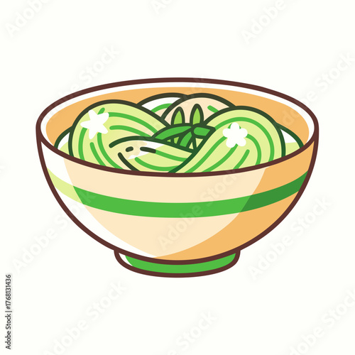 A Bowl of Udon Noodles with Green Onions in a Simple Illustration