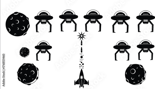 Black and white space scene with ufos planets and a rocket ship editable stock