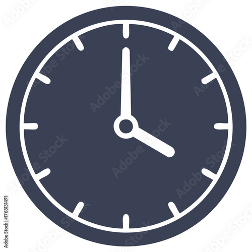 Minimalist dark blue clock icon with white hands representing time and schedule