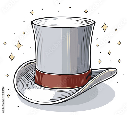 Elegant grey top hat with brown band, surrounded by sparkling magic stars vector illustration.