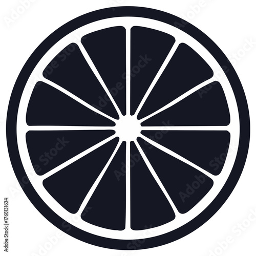 Minimalist dark citrus fruit slice icon showcasing a circle shape with segmented segments for graphic design projects