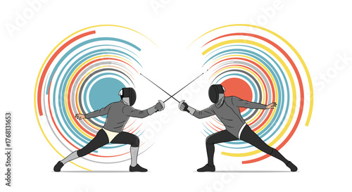 Two fencers in protective gear engage in a duel with swords, surrounded by concentric circles of color.