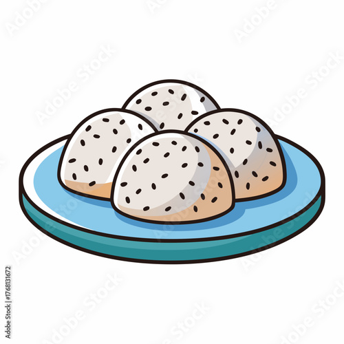 A plate of onigiri with sesame seeds in a clean vector style