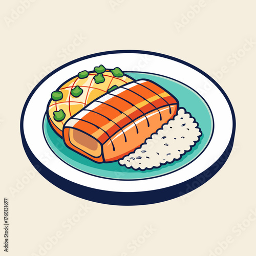 A Plate of Tonkatsu with Rice and Vegetable Dish