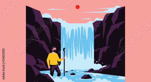 Man hiking waterfall adventure travel scenic landscape illustration editable stock