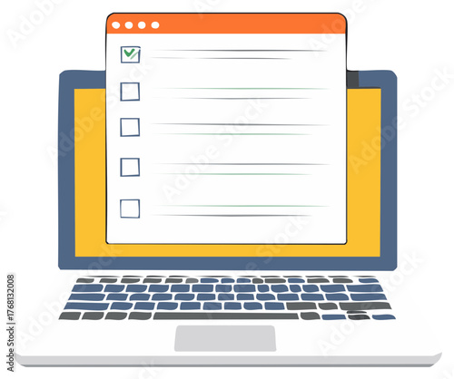 Laptop displaying a checklist with a green check mark, concept of completion and task management