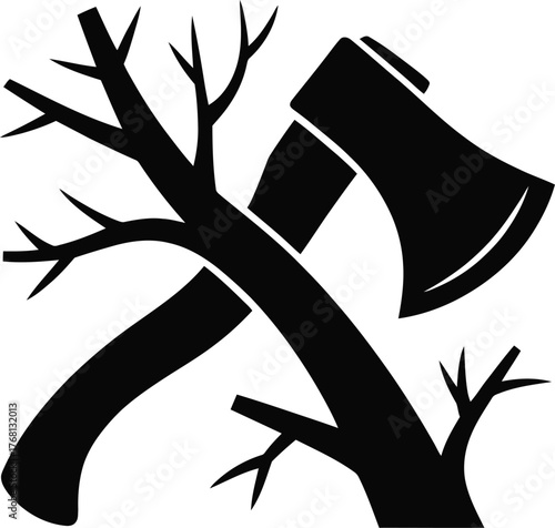 Silhouette of an axe cutting down tree branches in a forest setting