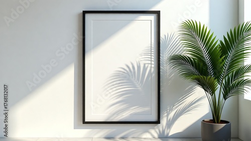 A minimalist interior scene featuring a black framed poster casting a subtle shadow on a white wall, with a lush green potted palm plant in a dark grey pot on the right side