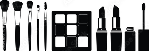 Makeup brushes eyeshadow and lipstick beauty products illustration editable stock