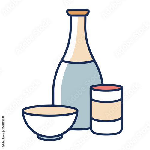 Minimalist Sake Bottle and Cups Illustration