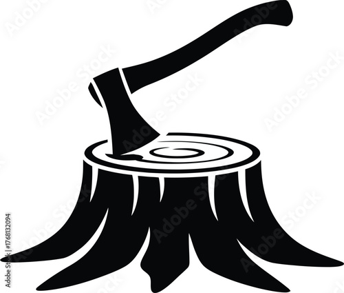 Axe embedded in a tree stump a stark silhouette design