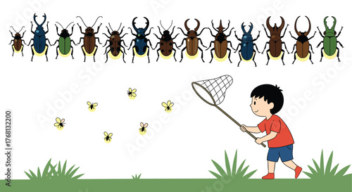 A young boy with a net catches fireflies in a field with many large beetles lined up above.