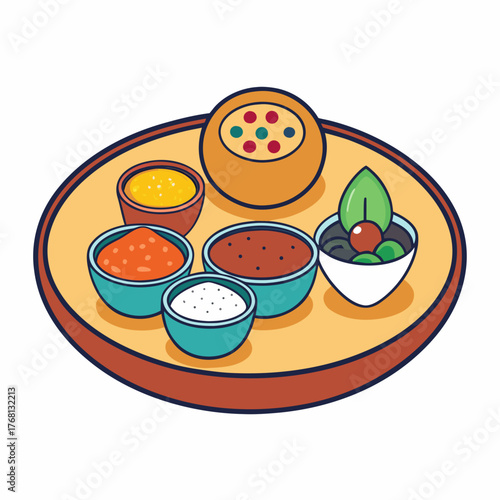 Plate with bowls of various Indian thali style food