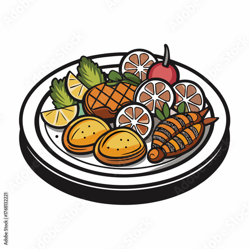 Plate with tandoori mix grill and fresh citrus fruits
