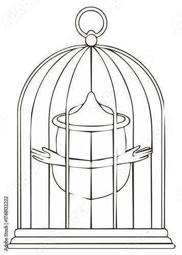 Stylized Pot in a Birdcage Line Art Illustration Freedom Concept Escape