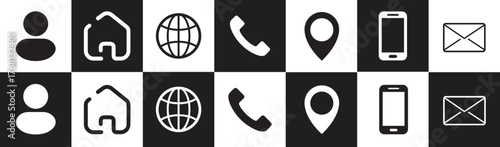 Modern Black and White Business Cards Icons Set: User, Home, Globe, Phone, Location, Mobile, Email Vector Symbols Grid