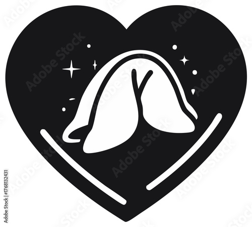 Heart Shape Fortune Cookie Illustration with Sparkle, Black and White, Romantic Concept