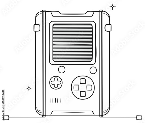Retro handheld video game console with buttons and screen illustration