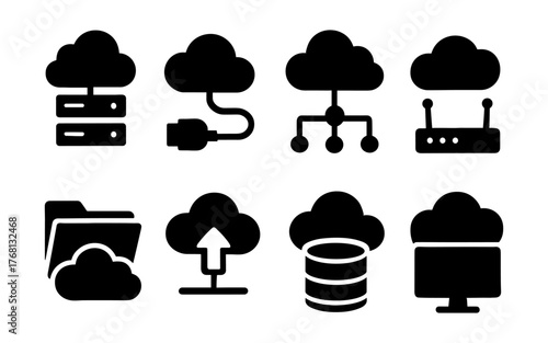 Set of black cloud computing icons including cloud server, cloud connection, cloud upload, cloud storage, and network infrastructure. Flat icon style