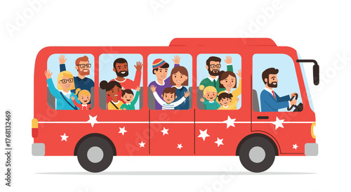 Diverse group of people waving from windows of a red tour bus on a white background.