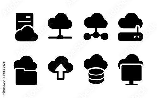 Set of black cloud computing icons including cloud server, cloud connection, cloud upload, cloud storage, and network infrastructure. Flat icon style