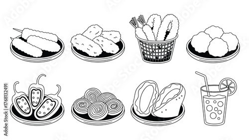 Delicious monochrome food and drink illustrations for menu design and recipe blogs, featuring appetizers, snacks, desserts and refreshing beverages