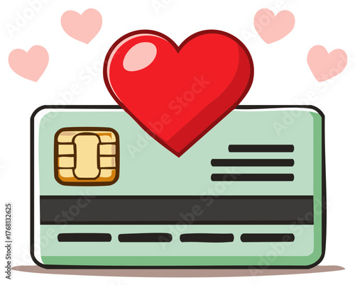 Cartoon credit card with a large red heart symbolizing financial affection and secure transactions