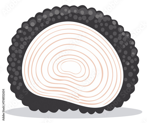 Stylized vector illustration of a single sushi roll with black roe and white rice.