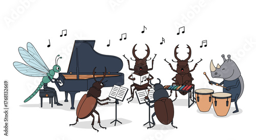 A whimsical illustration of a band of insects and a rhinoceros playing various musical instruments together.