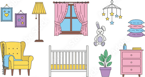 Nursery room decor baby furniture crib chair lamp and cute elements editable stock