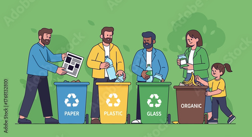 Diverse group of people and a child actively sorting different types of recyclable waste into color-coded bins: paper, plastic, glass, and organic materials,...