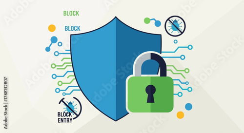 Digital security concept illustration featuring a blue shield and green padlock protecting against cyber threats and viruses.