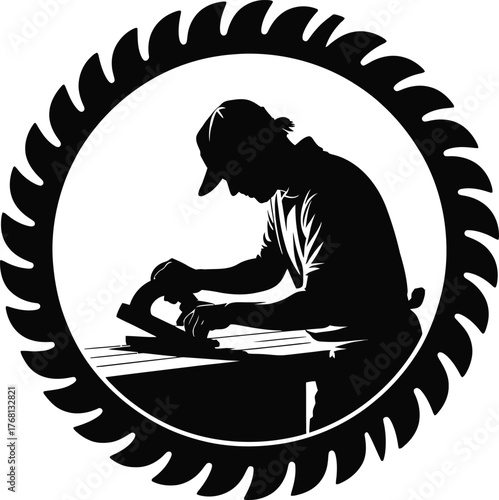 Carpenter planing wood with a saw blade silhouette