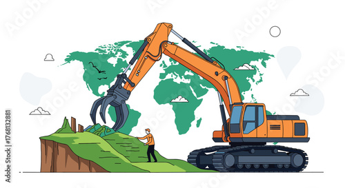 Excavator working on a damaged landscape in front of a world map, symbolizing environmental destruction.