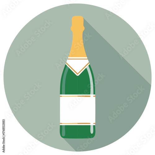 Champagne bottle illustration with long shadow on green background circle.