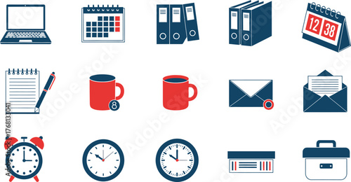 Office supplies and business icons for productivity and management editable stock