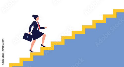 Businesswoman in a suit climbs stairs with a briefcase, symbolizing career advancement and success.