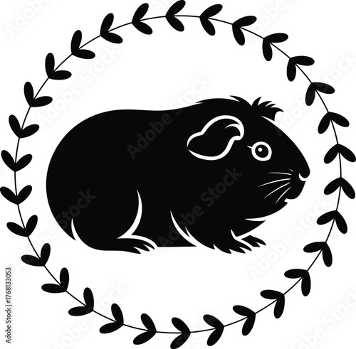 Black cat silhouette sitting serenely within a vibrant floral wreath