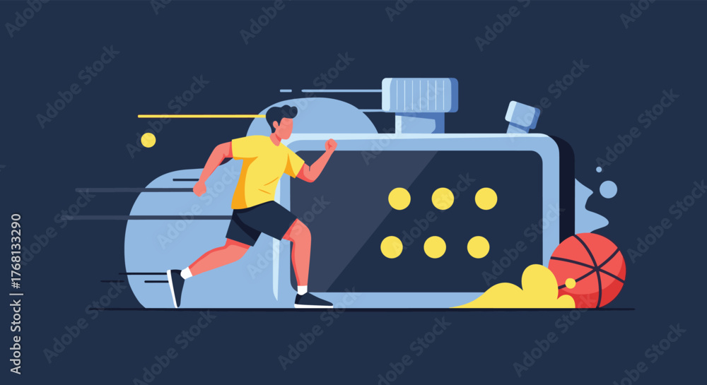 Obraz premium Man in yellow shirt running next to a large screen displaying dots, with a basketball nearby.