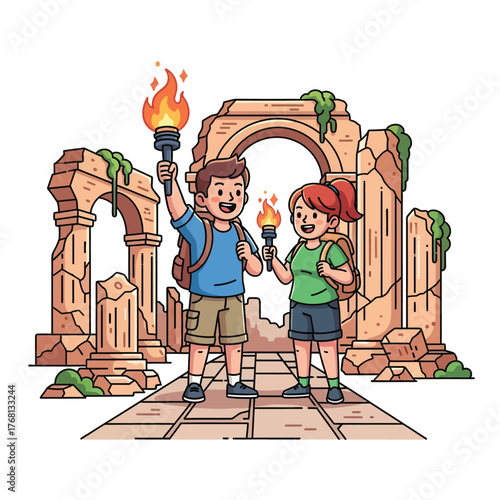 Joyful explorers with torches venture through ancient ruins, discovering history's secrets in an exciting adventure.