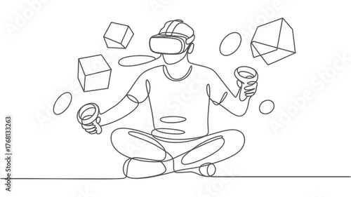 Explore virtual worlds with this line art of a person in VR, perfect for tech, gaming, or futuristic concepts in minimalist design projects