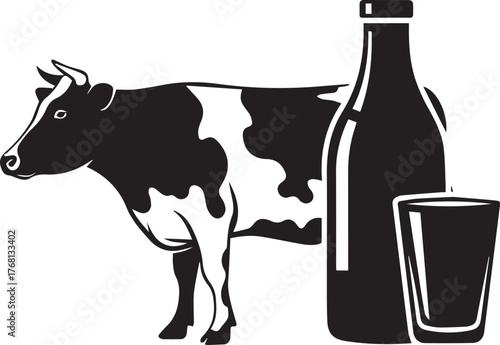 Cow With Milk Bottle And Glass Silhouette dairy farm