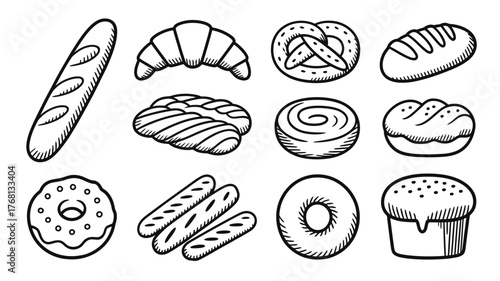 Enjoy delicious doodles of breads and pastries for menus, bakeries, and food blogs - a delightful collection of fresh baked goods to inspire your appetite