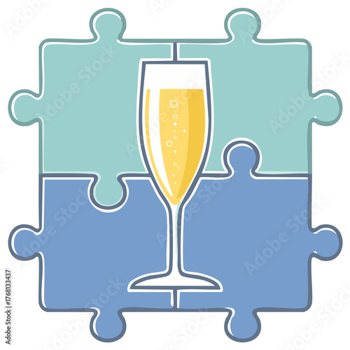 Sparkling champagne flute over colorful interlocking puzzle pieces illustration