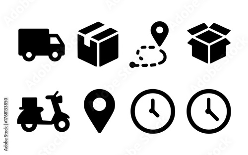 Set of black delivery and logistics icons including truck, package, location, scooter, and clock. Flat icon style