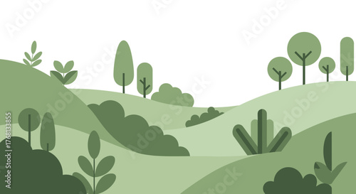 Serene landscape illustration featuring rolling green hills and stylized trees offering a tranquil